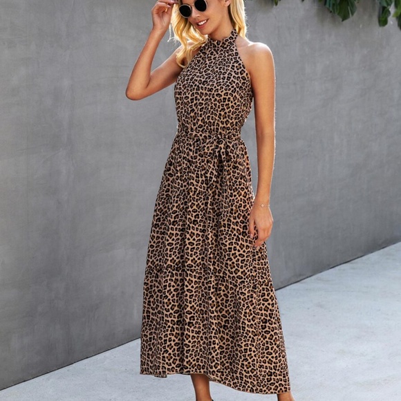 Boho Camel Leopard Belted Ruffle Halter Dress - Picture 4 of 4